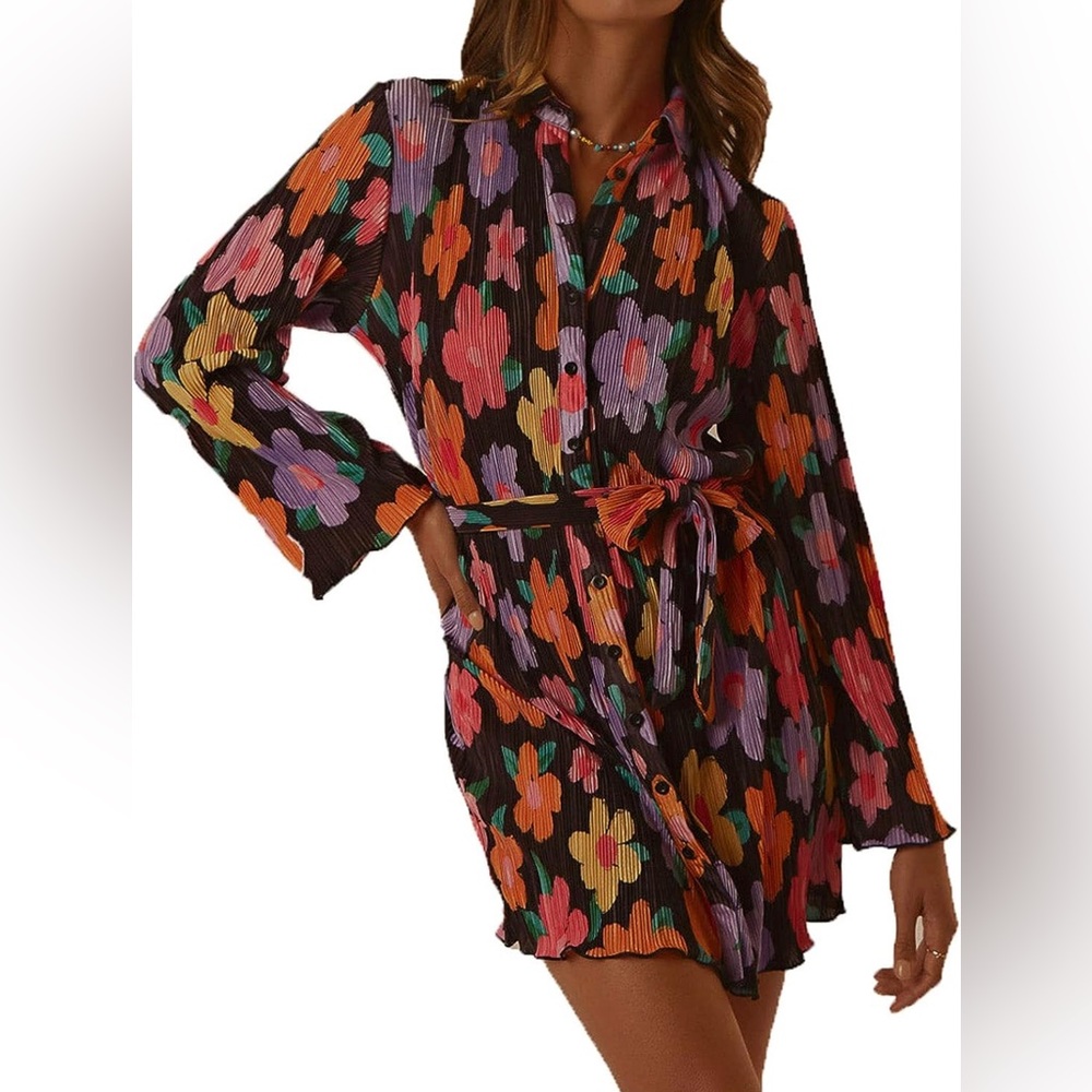 Retro Pleated Button Down Belted Dress